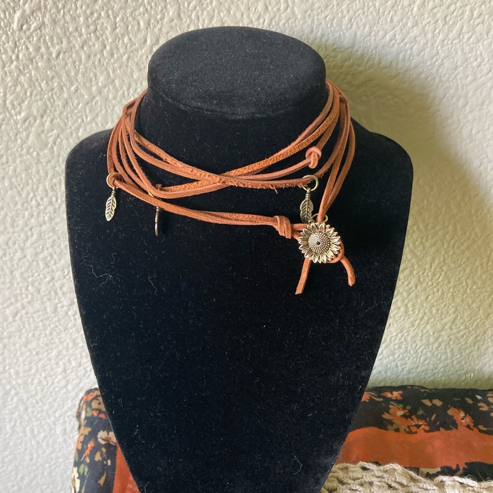 Boho Sunflower Tan Suede Wrap Necklace / Bracelet
